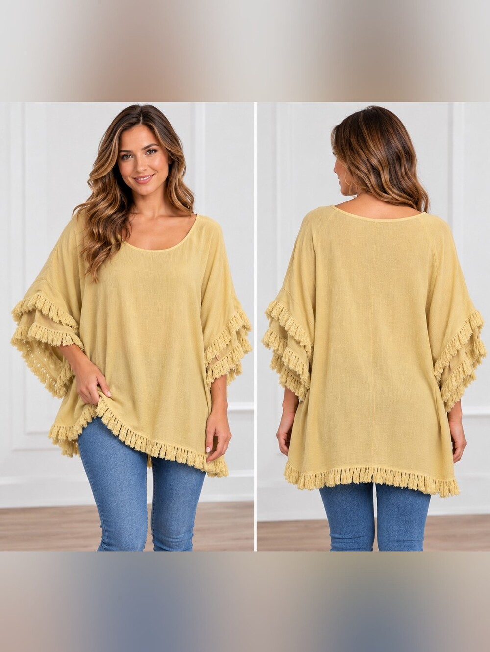 Umgee Mustard Fringe Sleeve Linen Blend Scoop Neck Tunic